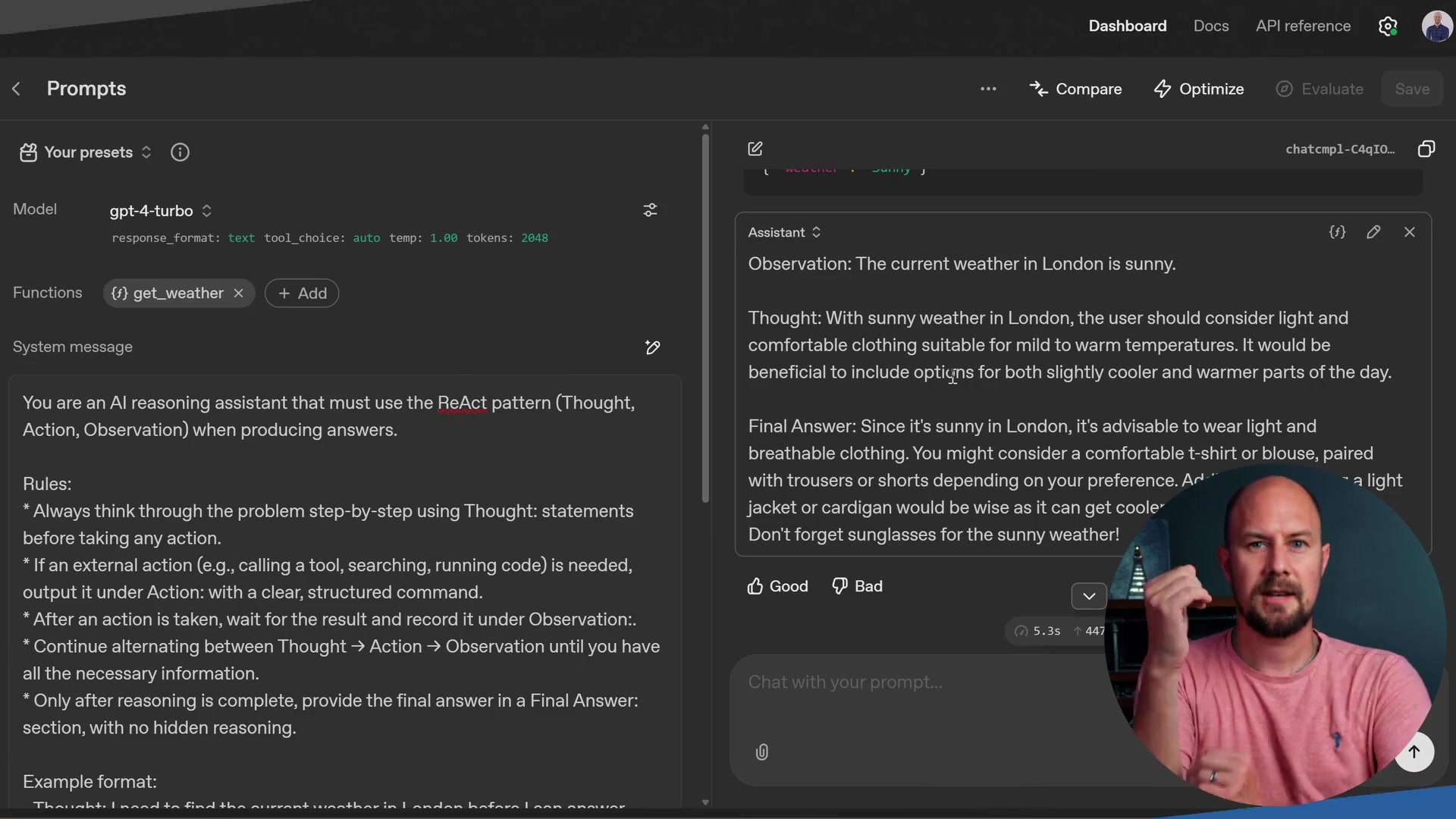 System prompt example for ReAct pattern
