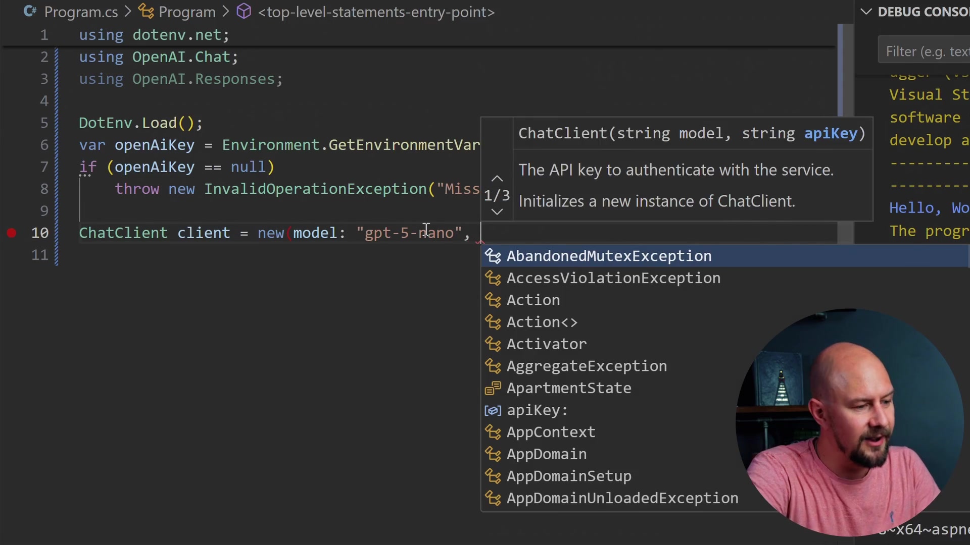 C# code showing the initialization of the ChatClient with the model and API key