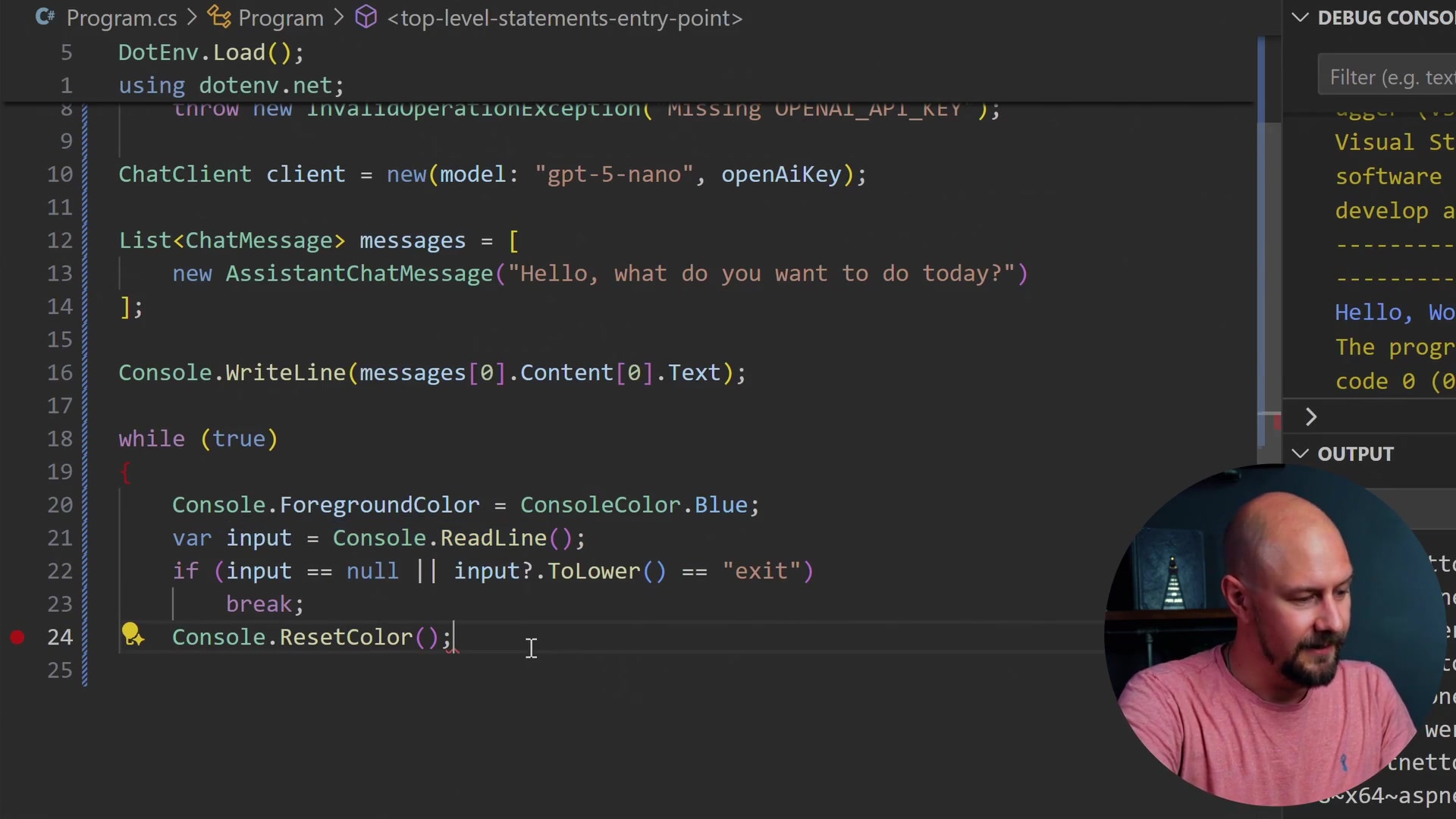 C# code showing the while loop setup for capturing user input