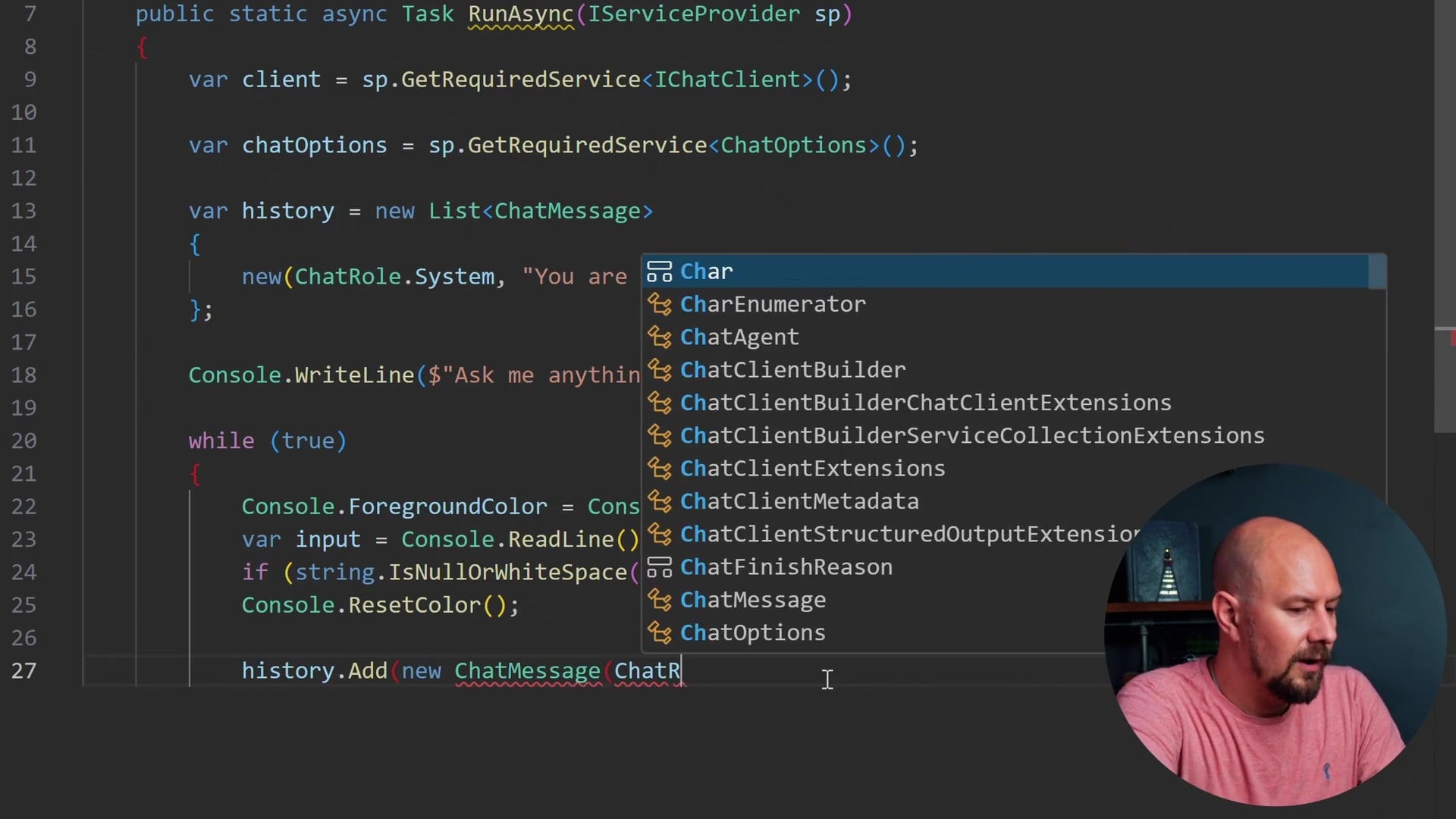 Code snippet showing the for loop parsing command line arguments in Program.cs