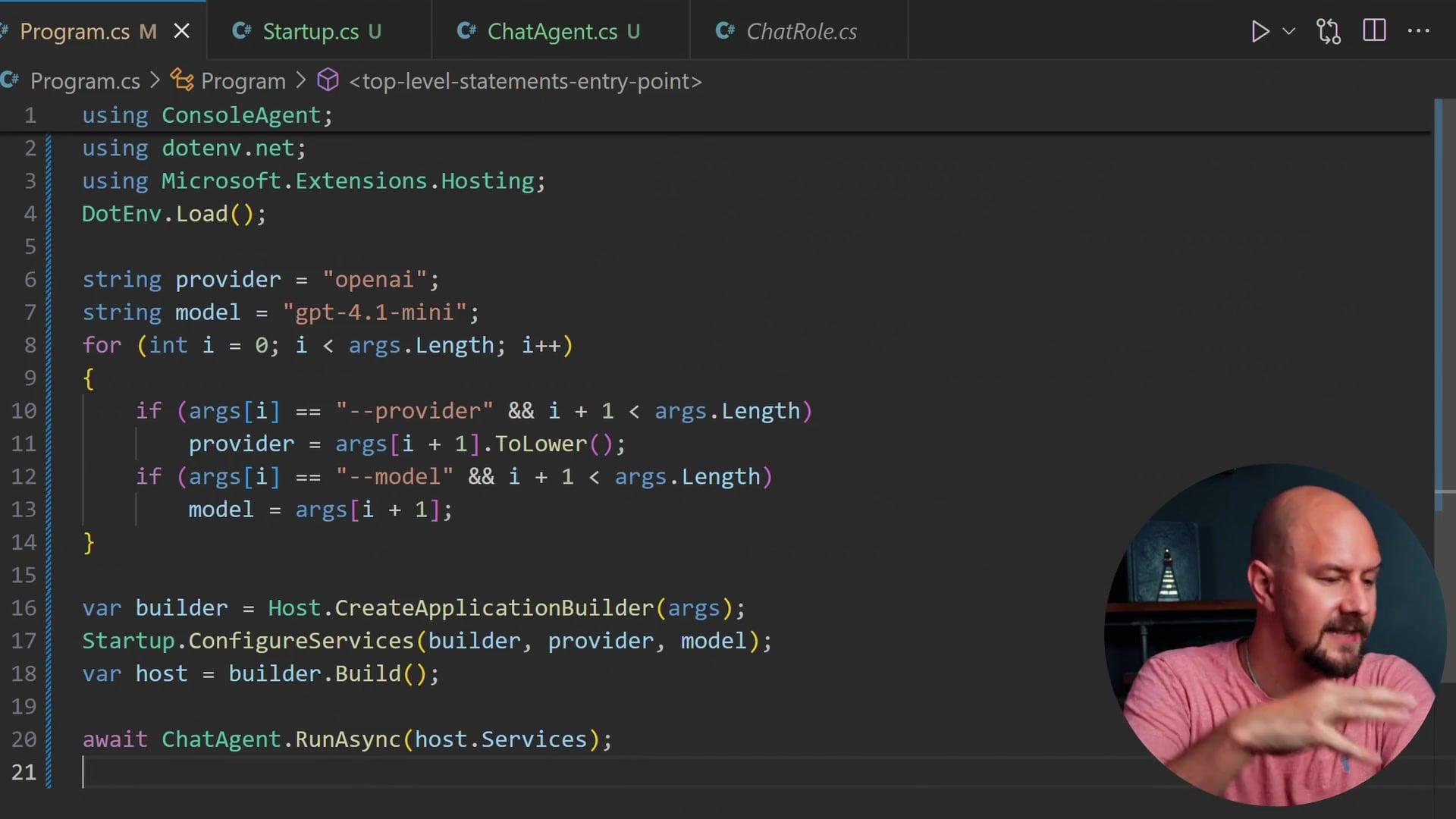 Program.cs showing the final wiring of Startup and ChatAgent