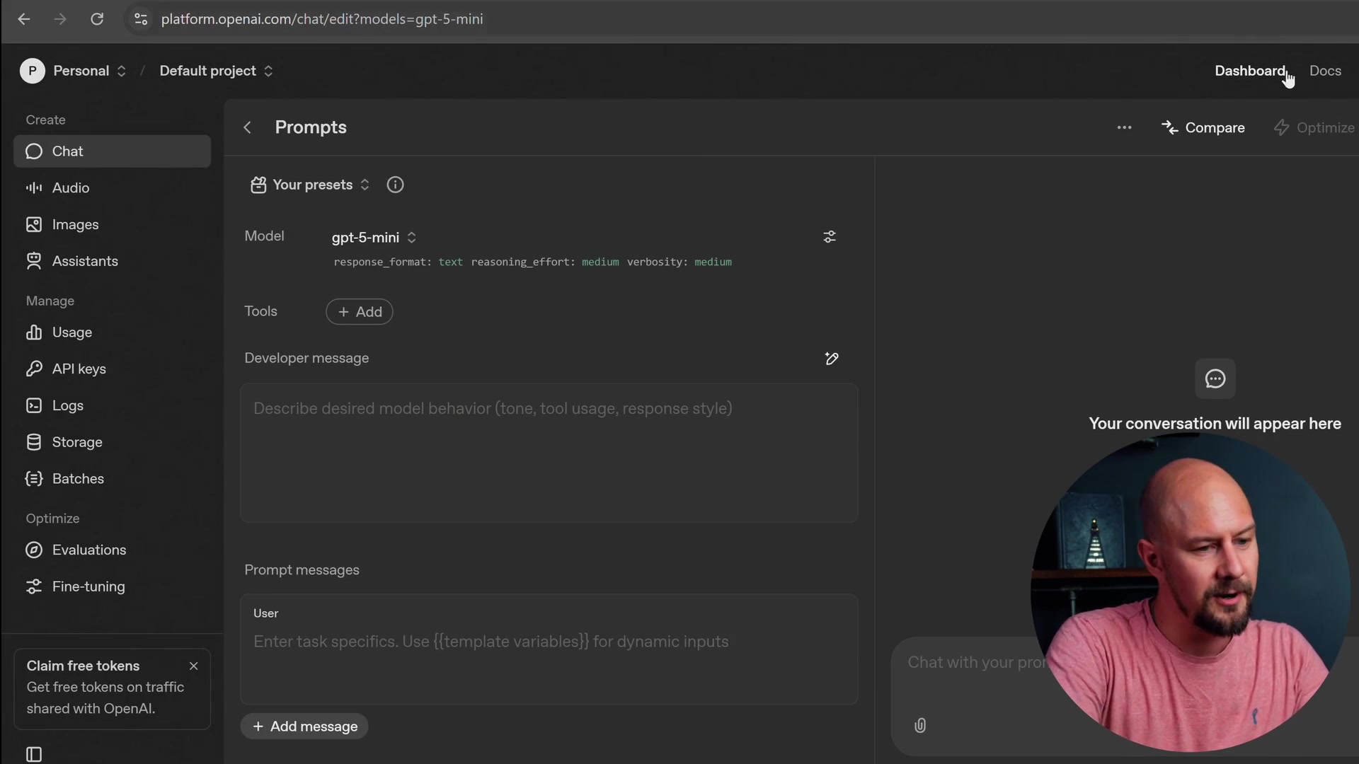 The OpenAI Playground interface showing the System Prompt configuration area