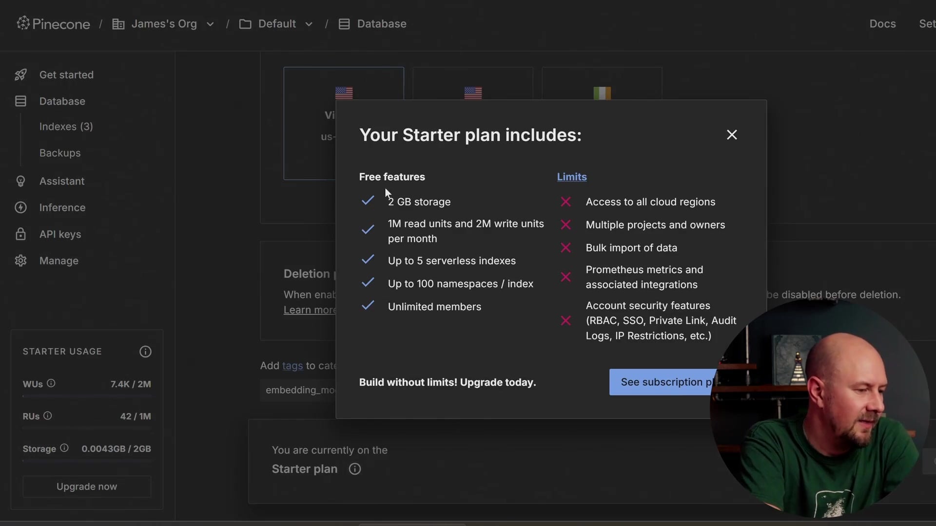 Pinecone starter plan limits showing 2GB storage and 5 indexes