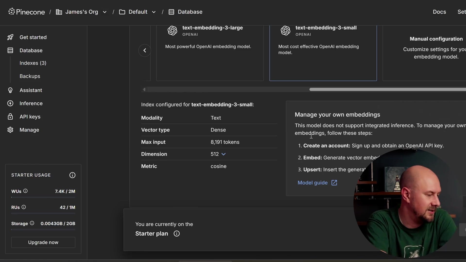Configuring a new Pinecone index with the text-embedding-3-small model