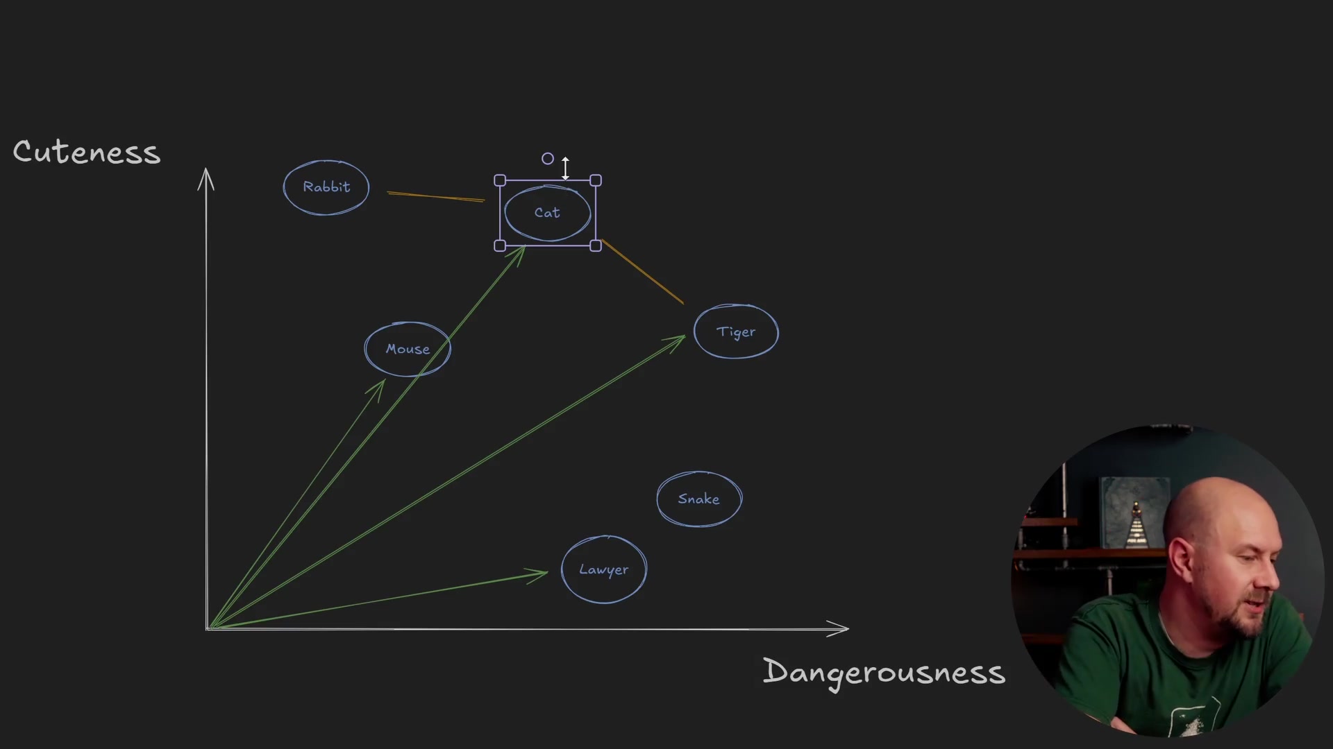 Graph comparing Euclidean distance lines versus Cosine similarity angles for the word Cat