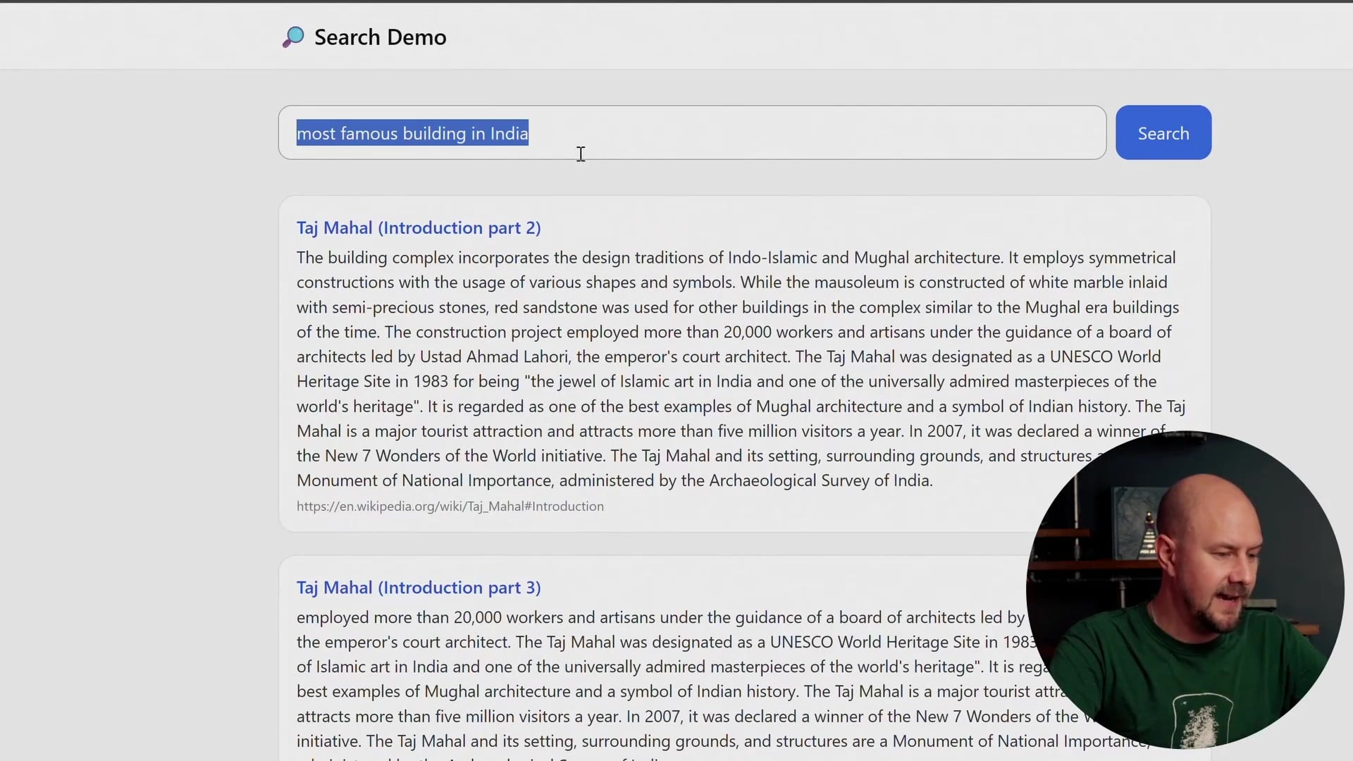 Search Demo interface showing results for a query about an ancient city