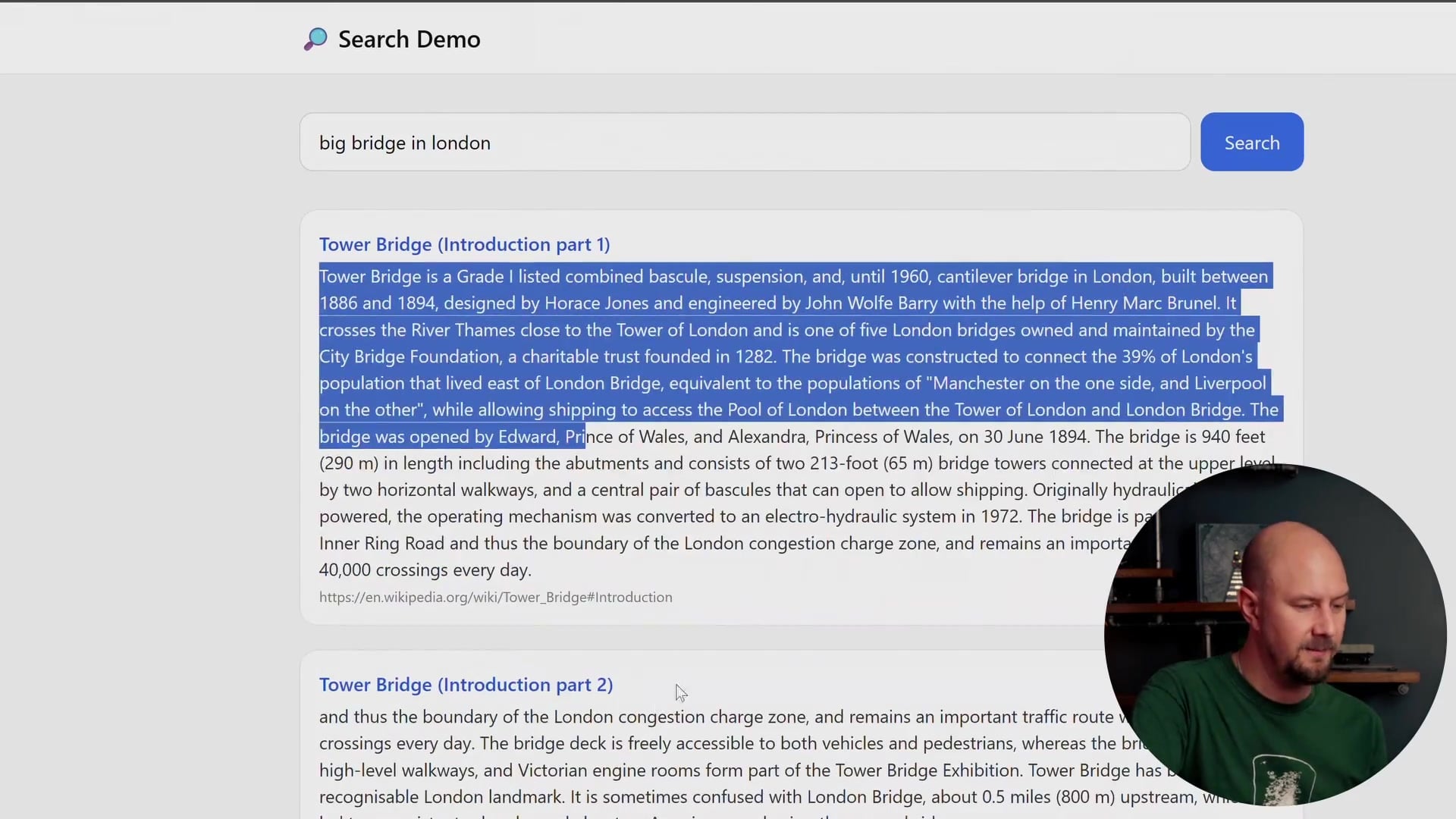 Search Demo showing results for Tower Bridge query