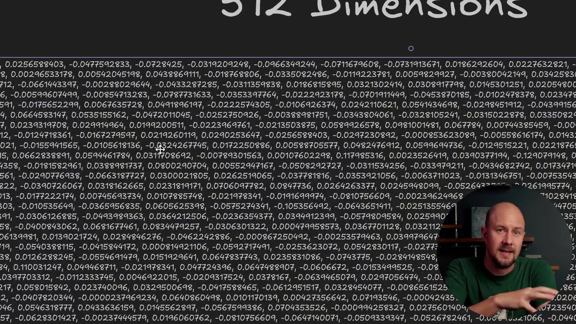Text displaying 512 Dimensions and a large array of floating point numbers